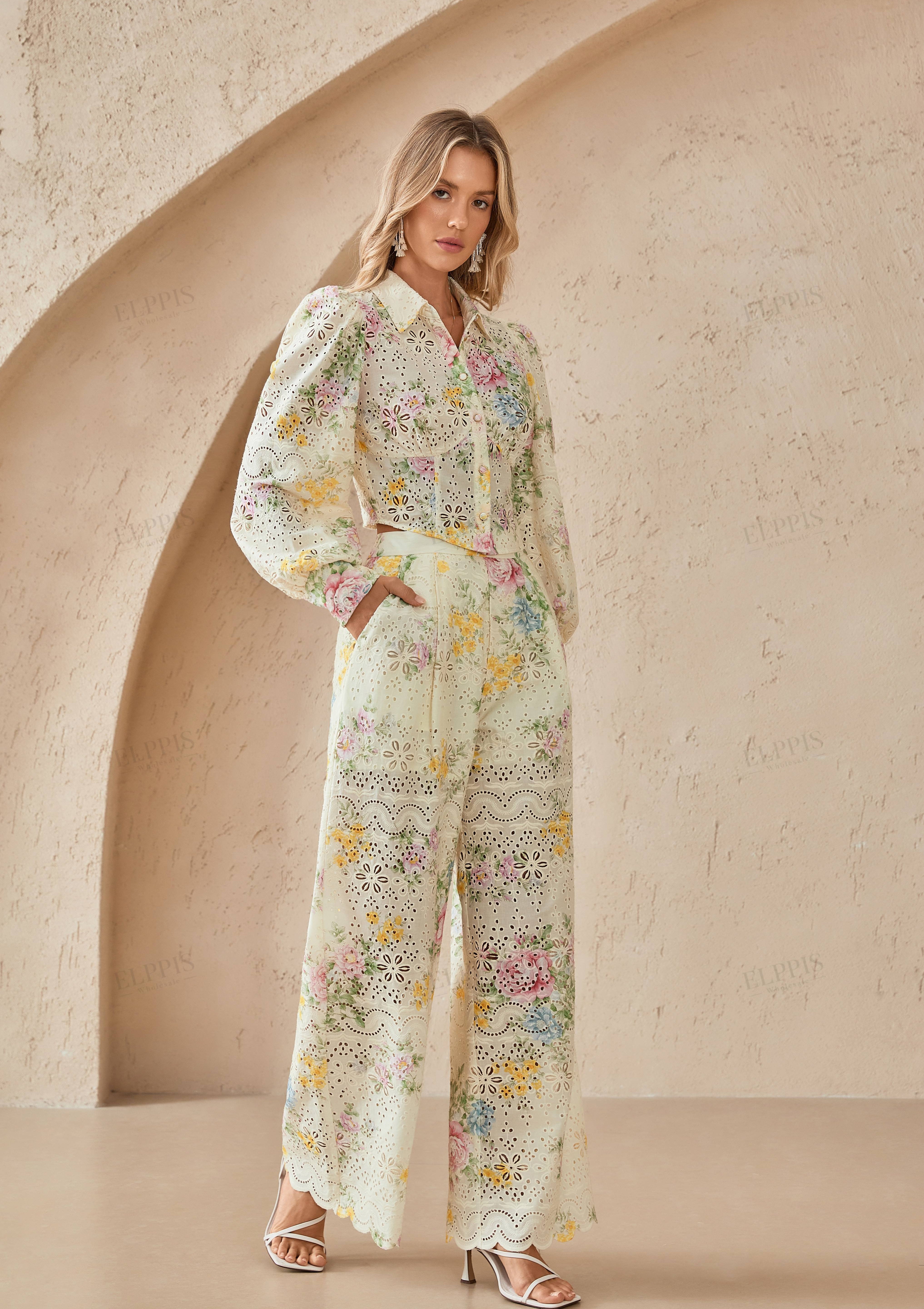 Cream Floral Print Eyelet Cropped Blouse with Bishop Sleeves