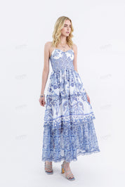 Blue & White Porcelain Pattern Tiered Cami Maxi Dress