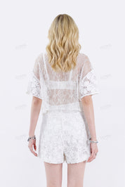 White Floral Lace Cropped Short-Sleeve Blouse