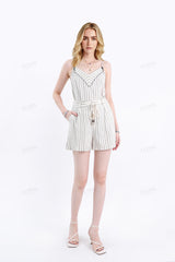 Beige Cotton-Linen Blend Stripe Spaghetti-Strap Top