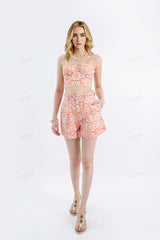 Orange Floral Cotton High-Waisted Shorts