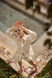 Cream Sheer Pearl Embellished Oversized Shirt