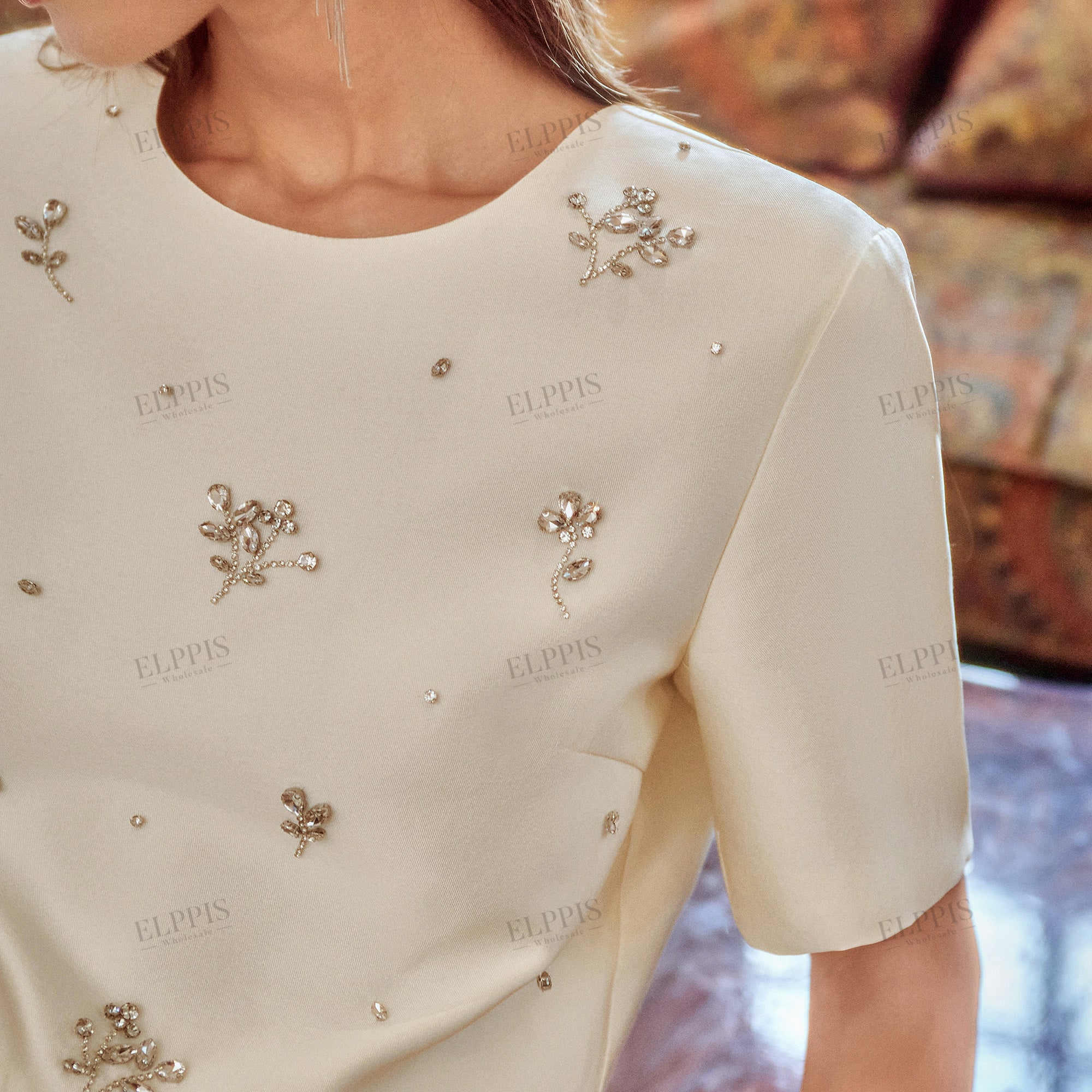H-line beaded short sleeve round neck top