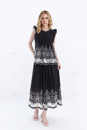 Black Maxi Skirt with White Lace & Patterned Hem Detail
