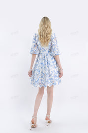 Blue & White Floral Lace Two-Piece Dress Set (Shirt Overlay + Camisole Lining)