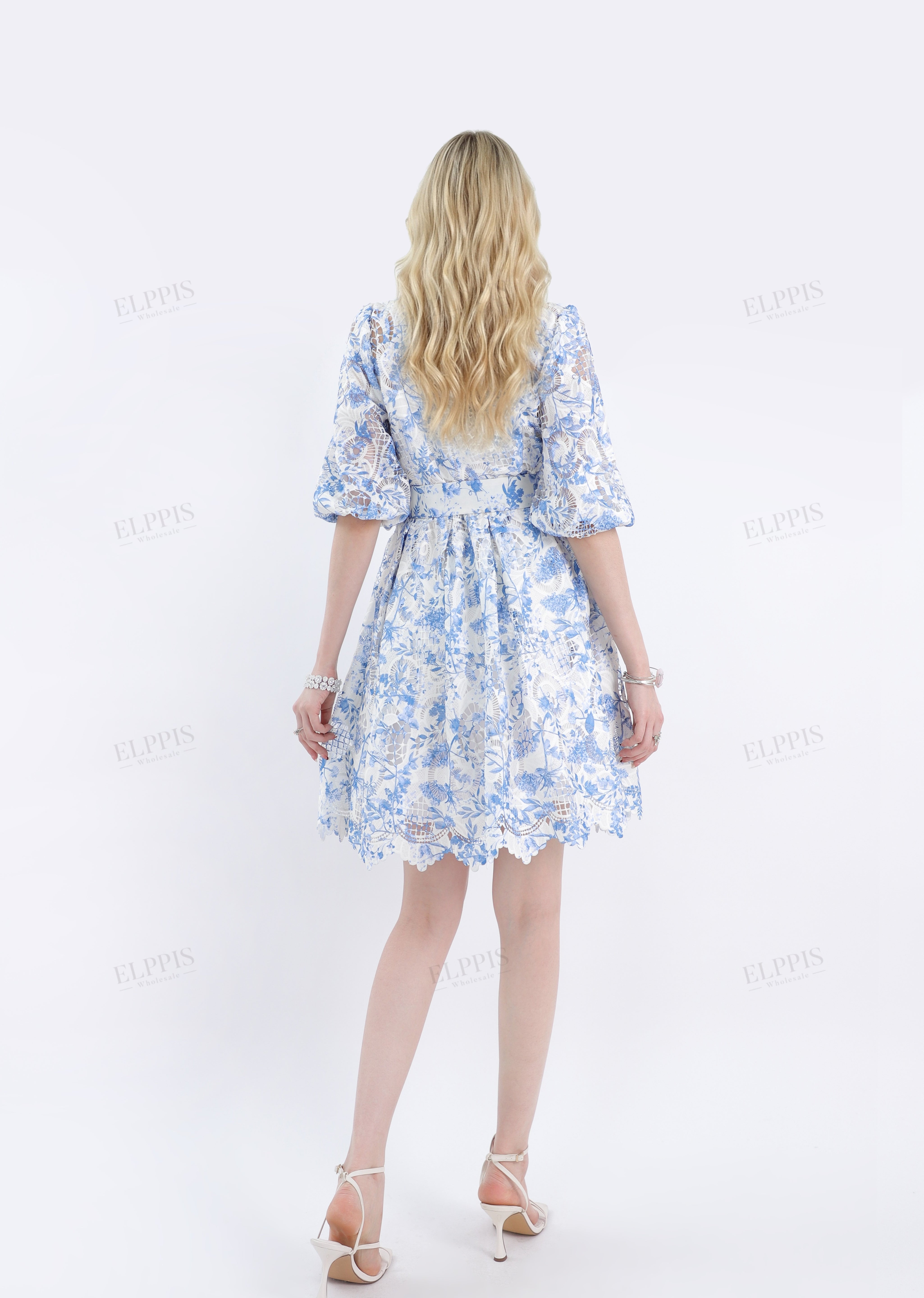 Blue & White Floral Lace Two-Piece Dress Set (Shirt Overlay + Camisole Lining)