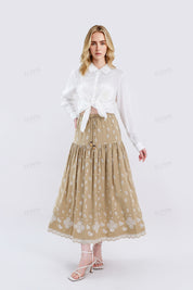 Beige Maxi Skirt with Cutwork Embroidery & Drawstring Waist