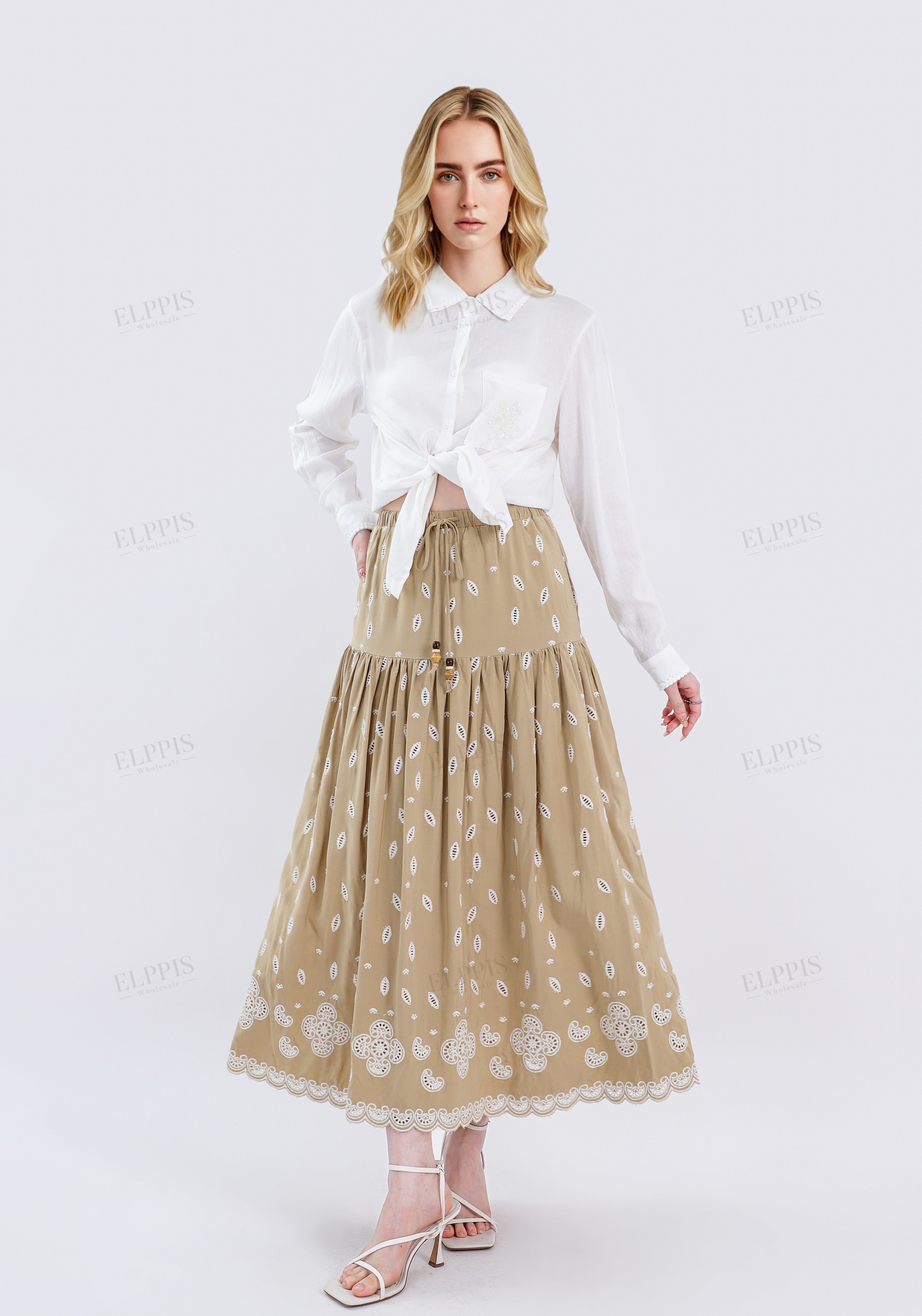 Beige Maxi Skirt with Cutwork Embroidery & Drawstring Waist