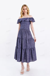 Navy Blue Tiered Midi Skirt