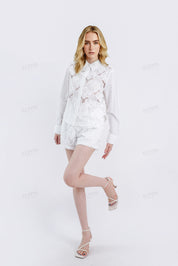 White Floral Cutwork Embroidery Long-Sleeve Shirt
