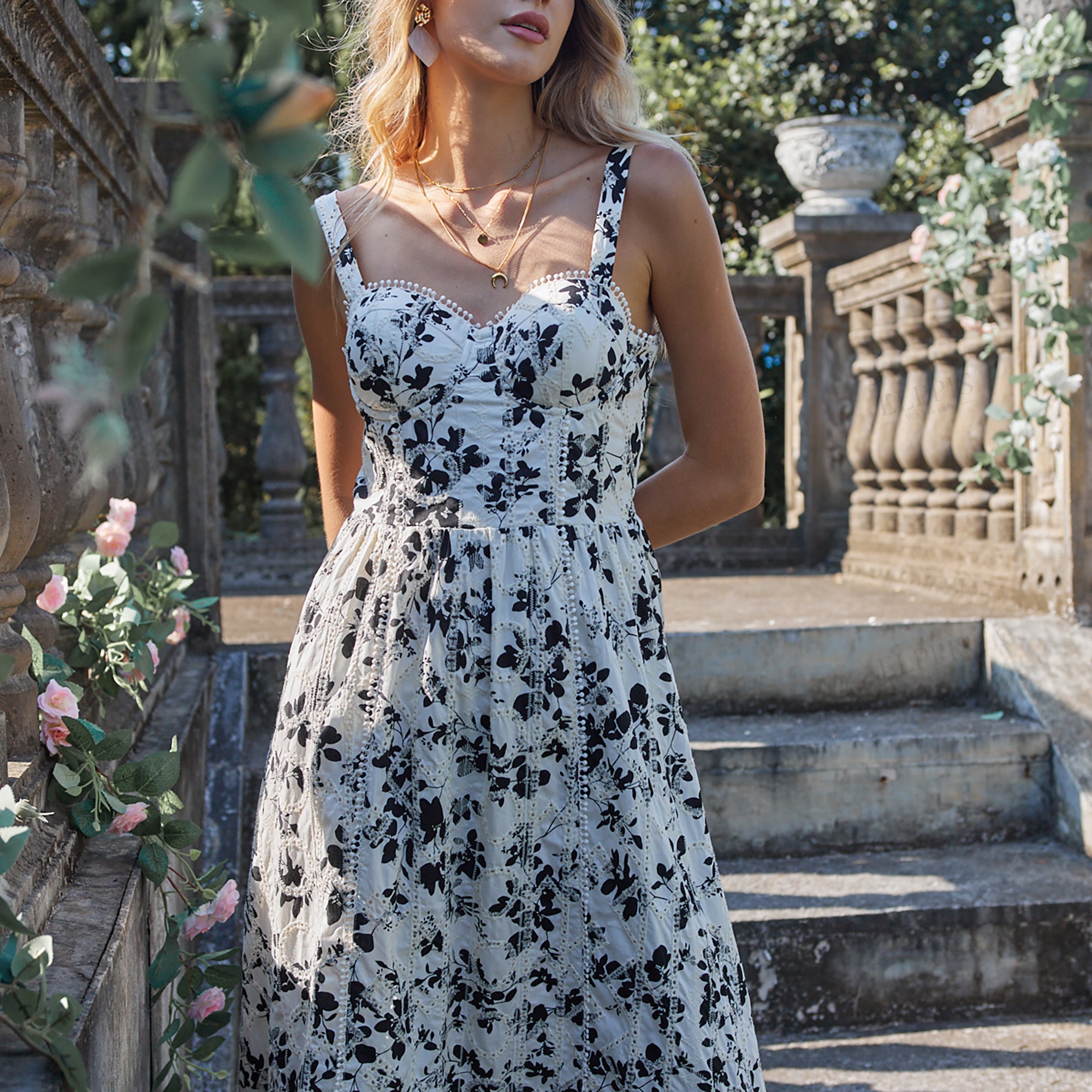 Black and white floral cotton embroidered A-line strapless maxi dress