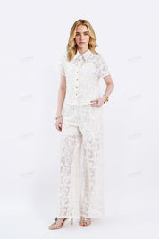 Cream Lace Short-Sleeve Collared Blouse