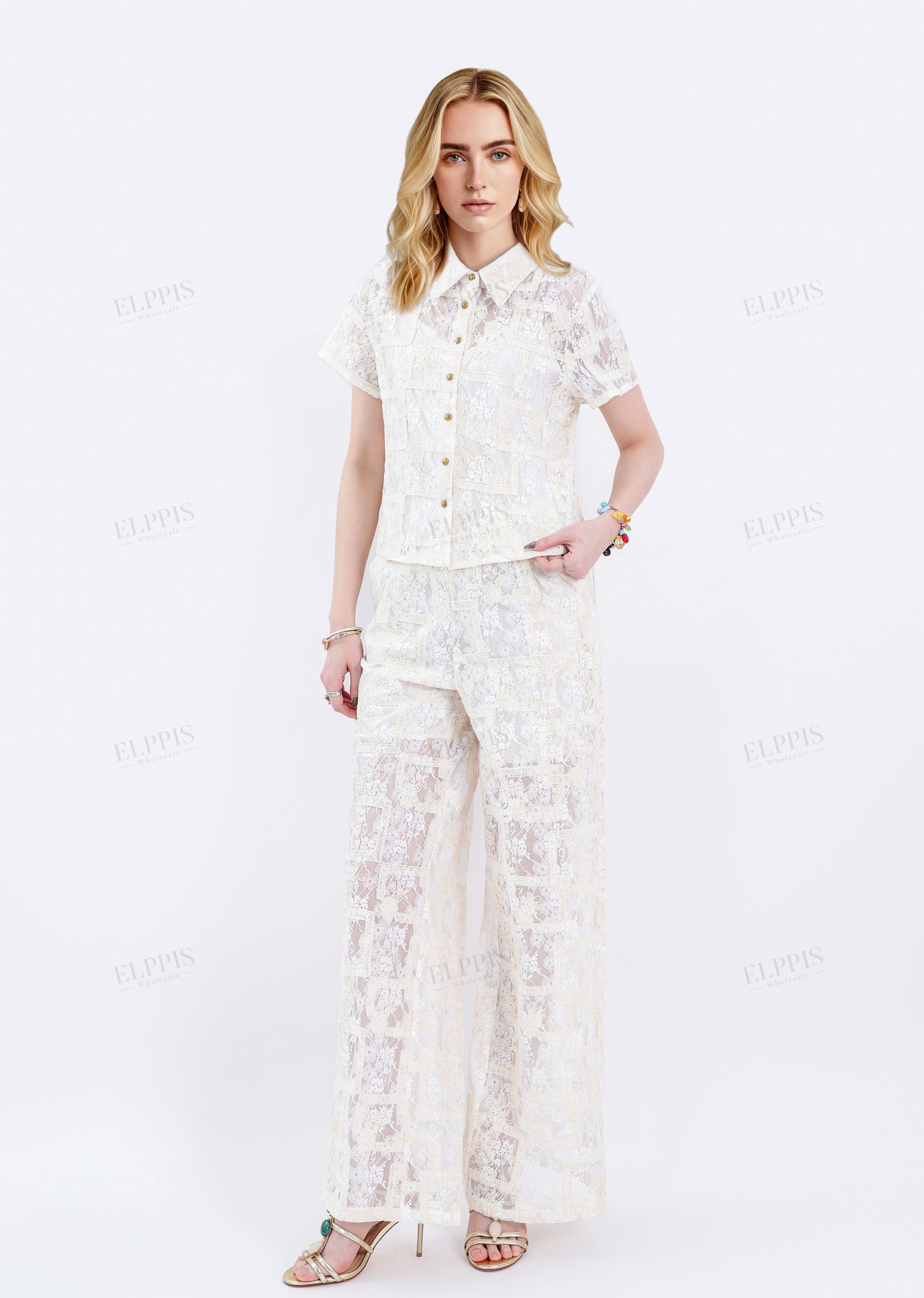 Cream Lace Short-Sleeve Collared Blouse