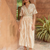 Textured print with woven band short sleeve dress