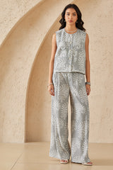Gray & White Paisley Print Sleeveless Vest with Multi-Pockets