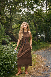 Chocolate Brown Sleeveless Halter Midi Dress with Eyelet Detail