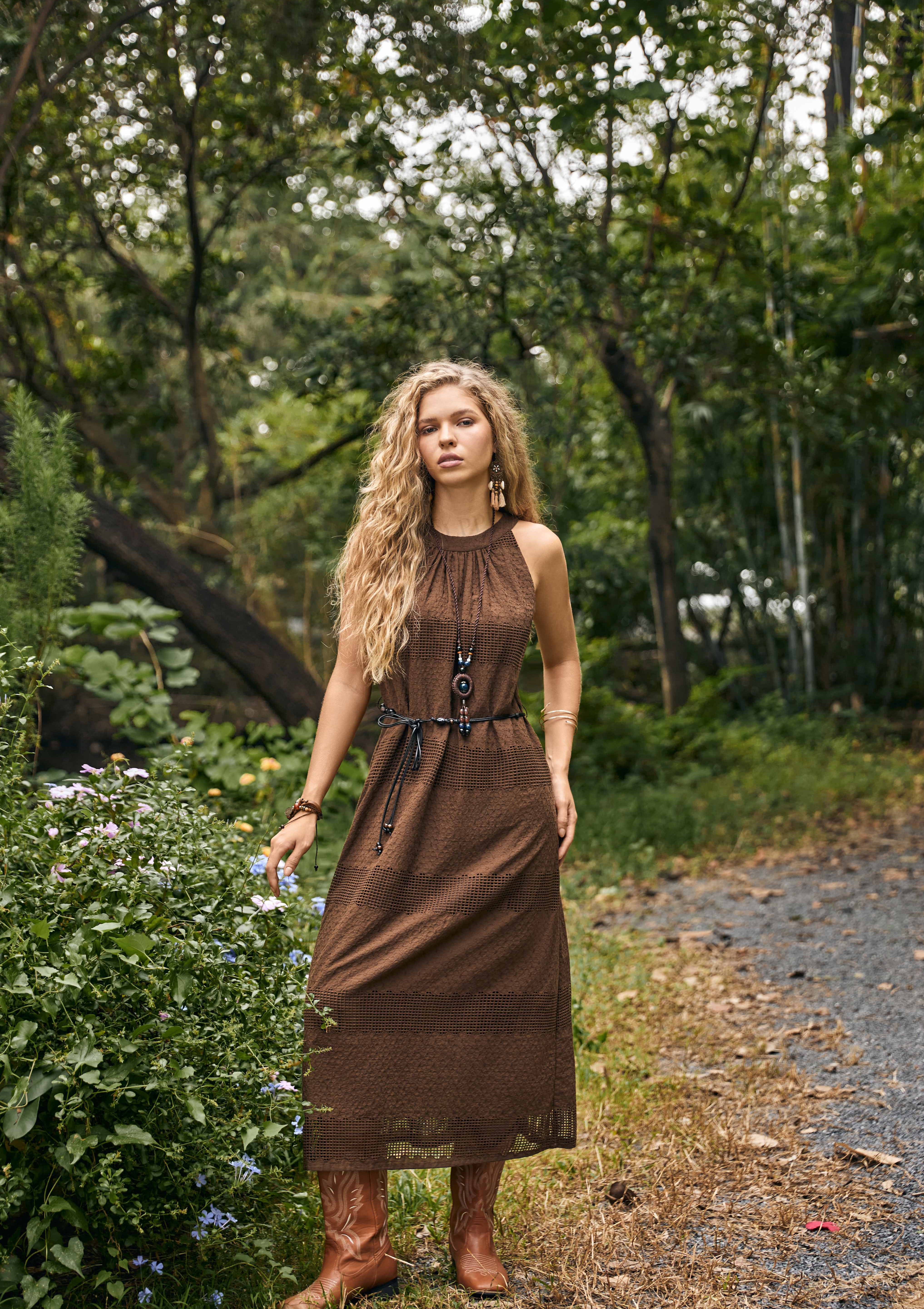 Chocolate Brown Sleeveless Halter Midi Dress with Eyelet Detail