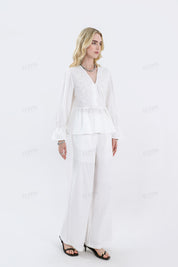 White Woven Blouse with Sequin Embroidery & Peplum Hem