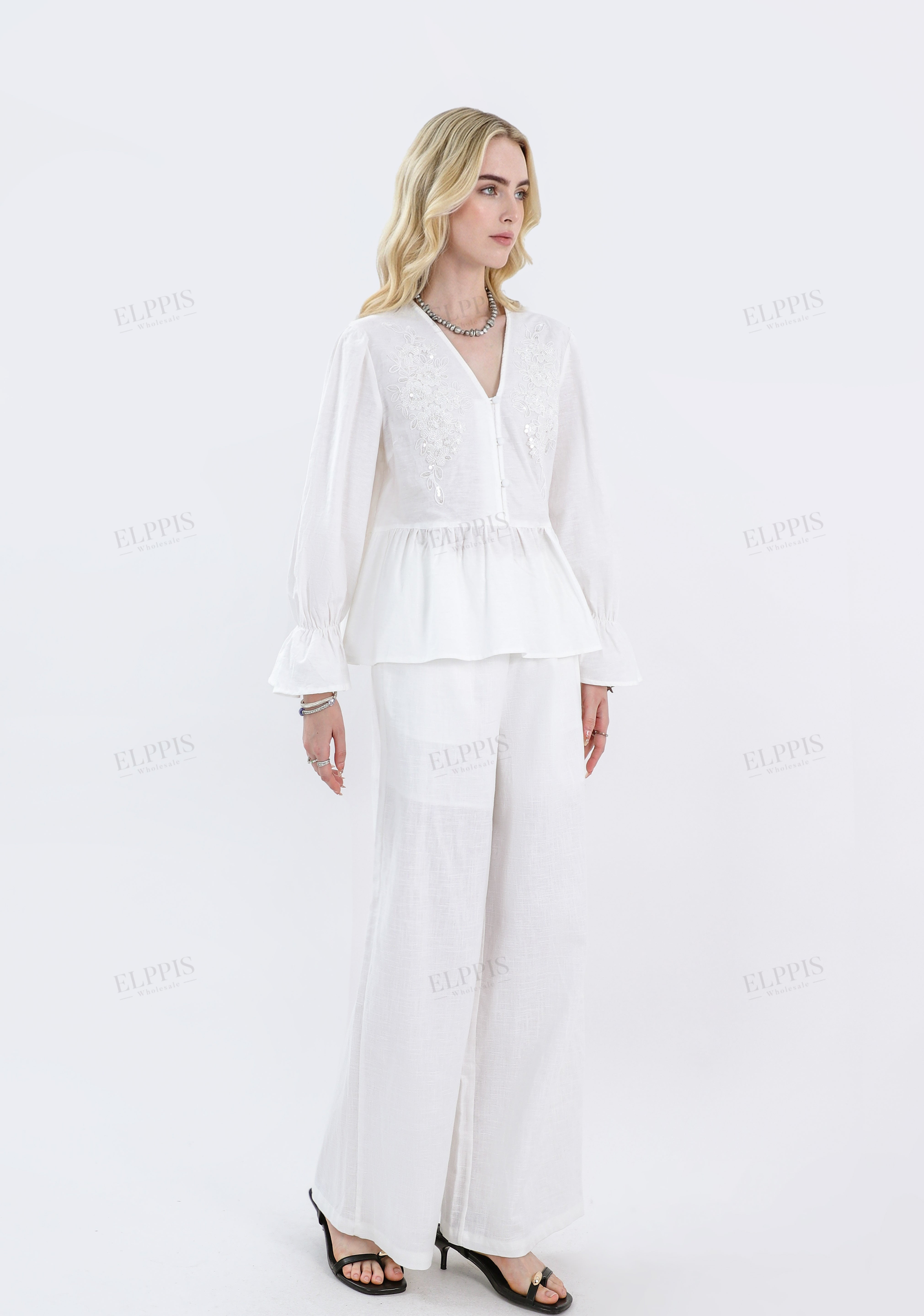 White Woven Blouse with Sequin Embroidery & Peplum Hem