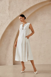 Ivory Striped Sleeveless Dress with Embellished Neckline