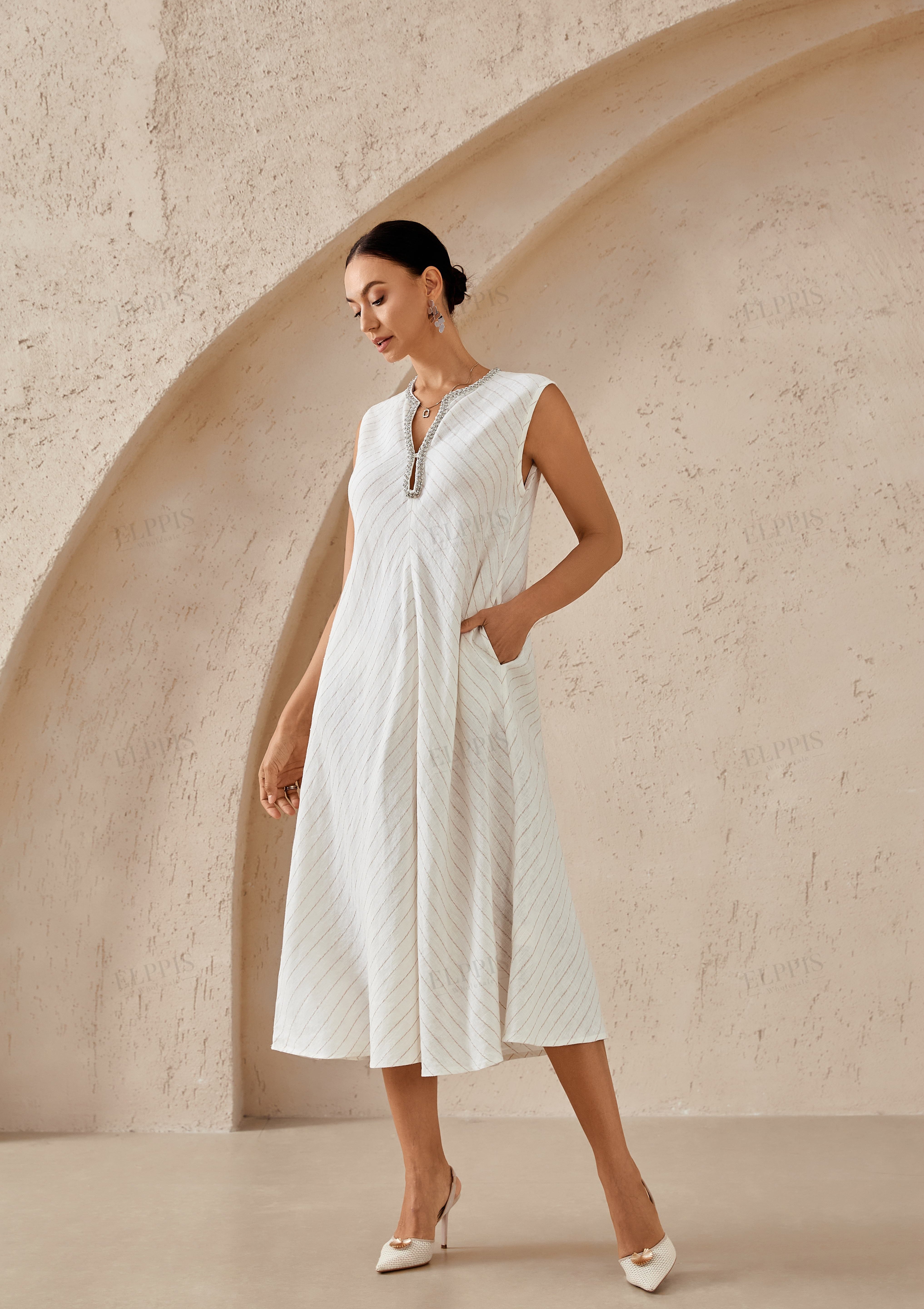 Ivory Striped Sleeveless Dress with Embellished Neckline