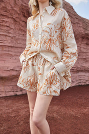 Linen Blend Floral Embroidered Elastic Waist Shorts