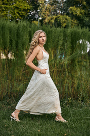 Ivory Spaghetti Strap Maxi Dress with Gold Floral Embroidery