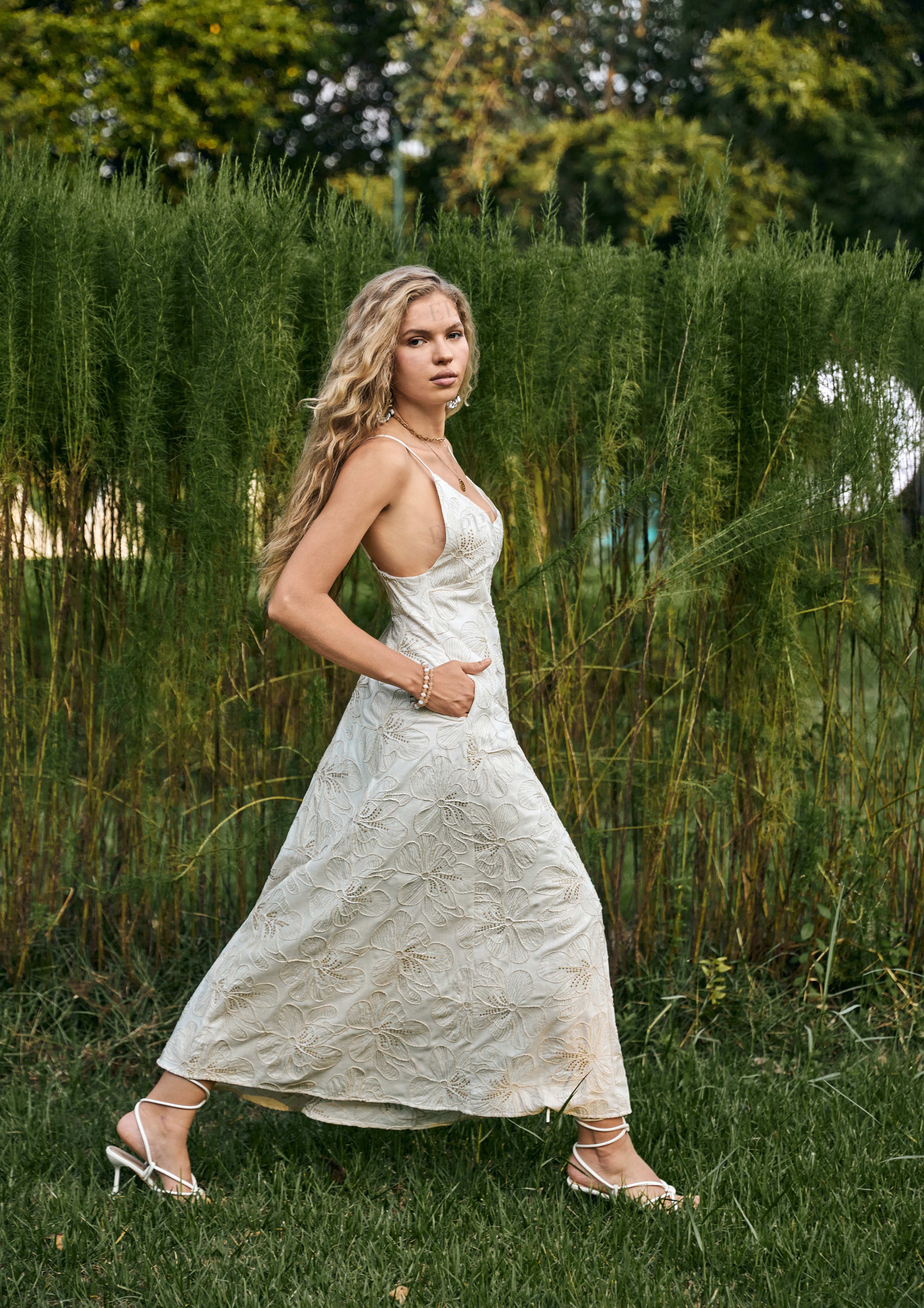 Ivory Spaghetti Strap Maxi Dress with Gold Floral Embroidery