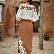 Color-block patchwork embroidered H-line cotton-linen midi skirt