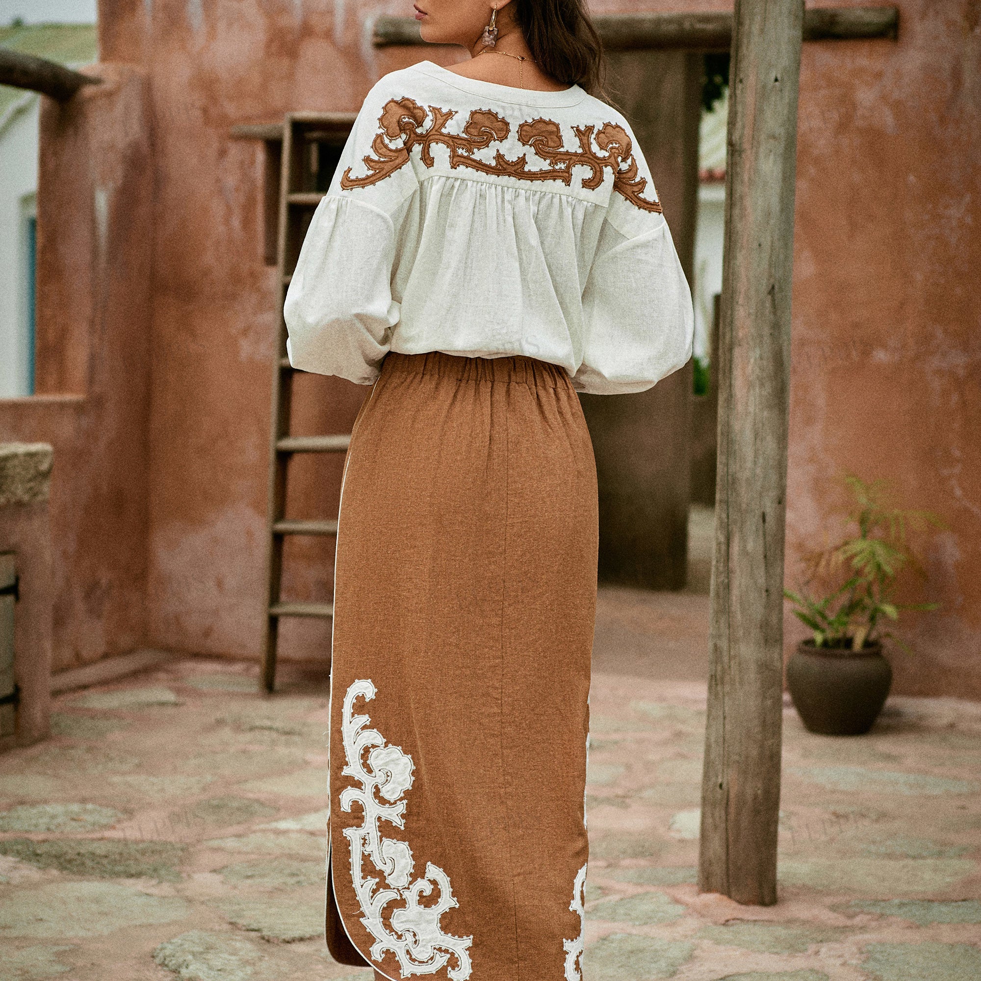 Color-block patchwork embroidered H-line cotton-linen midi skirt