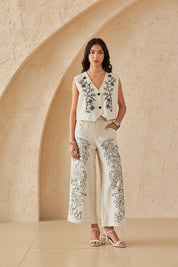 Beige Cotton-Linen Blend Floral Embroidery Sleeveless Vest
