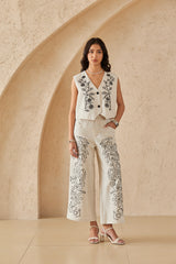 Beige Cotton-Linen Blend Floral Embroidery Sleeveless Vest