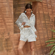 Embroidered cotton-linen O-line long sleeve maxi shirt