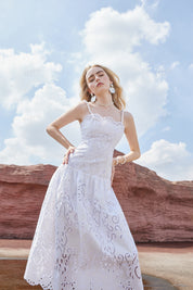 White Cotton Eyelet Midi Dress with Beaded Straps & Scalloped Hem