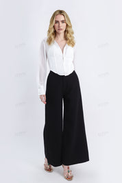 White Satin-Blend Bustier Blouse with Sheer Long Sleeves