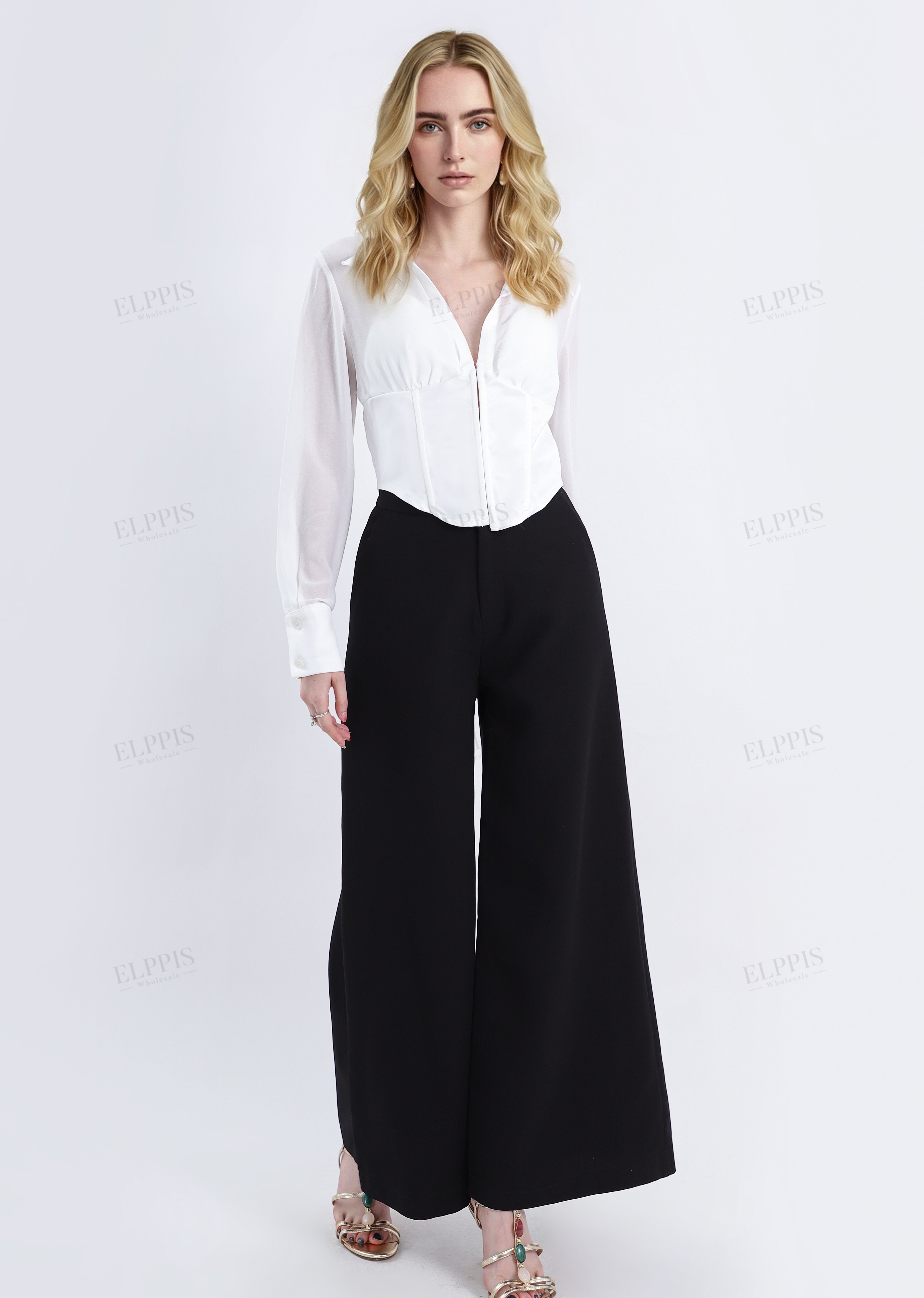 White Satin-Blend Bustier Blouse with Sheer Long Sleeves