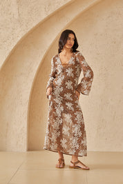 Caramel Mesh Midi Dress with White Floral Embroidery & Bell Sleeves