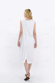 White Sleeveless Midi Dress with Lace Yoke Detail