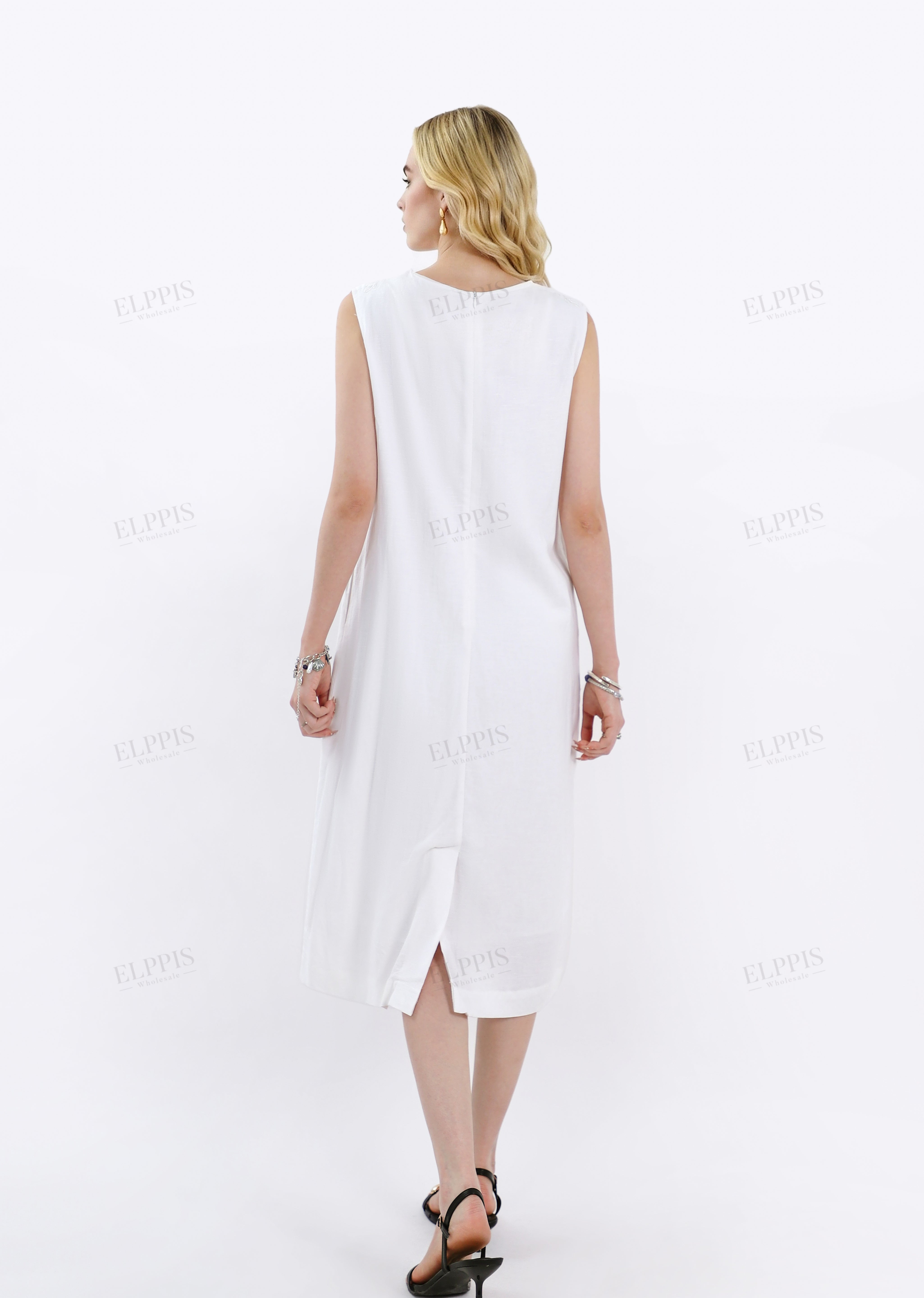 White Sleeveless Midi Dress with Lace Yoke Detail