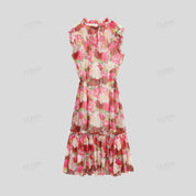 Chiffon digital print stand collar A-line midi sleeveless dress