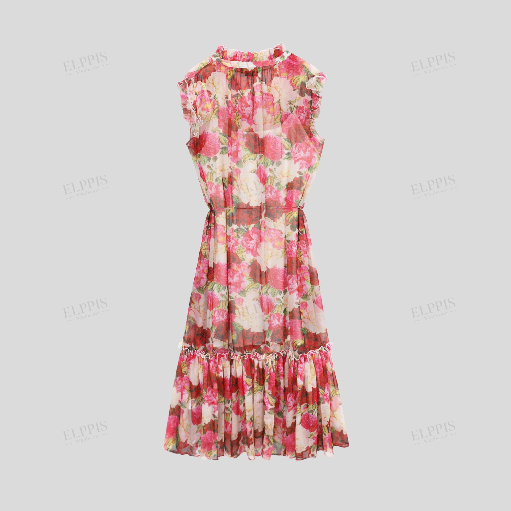 Chiffon digital print stand collar A-line midi sleeveless dress