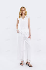 White Wide-Leg Pants with Lace Hem & Drawstring Waist