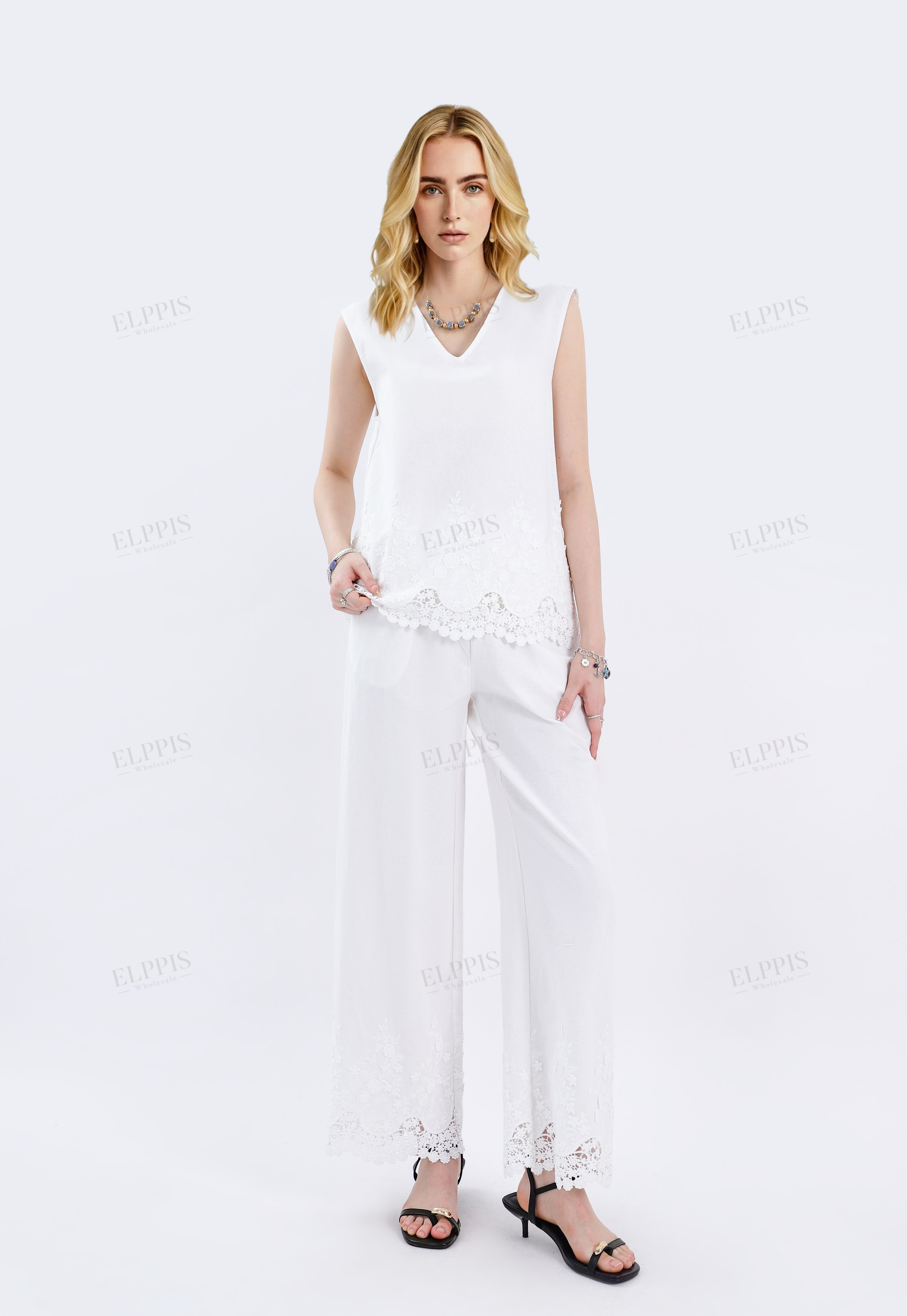 White Wide-Leg Pants with Lace Hem & Drawstring Waist