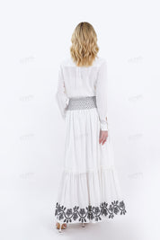White Maxi Skirt with Black Geometric & Floral Embroidery