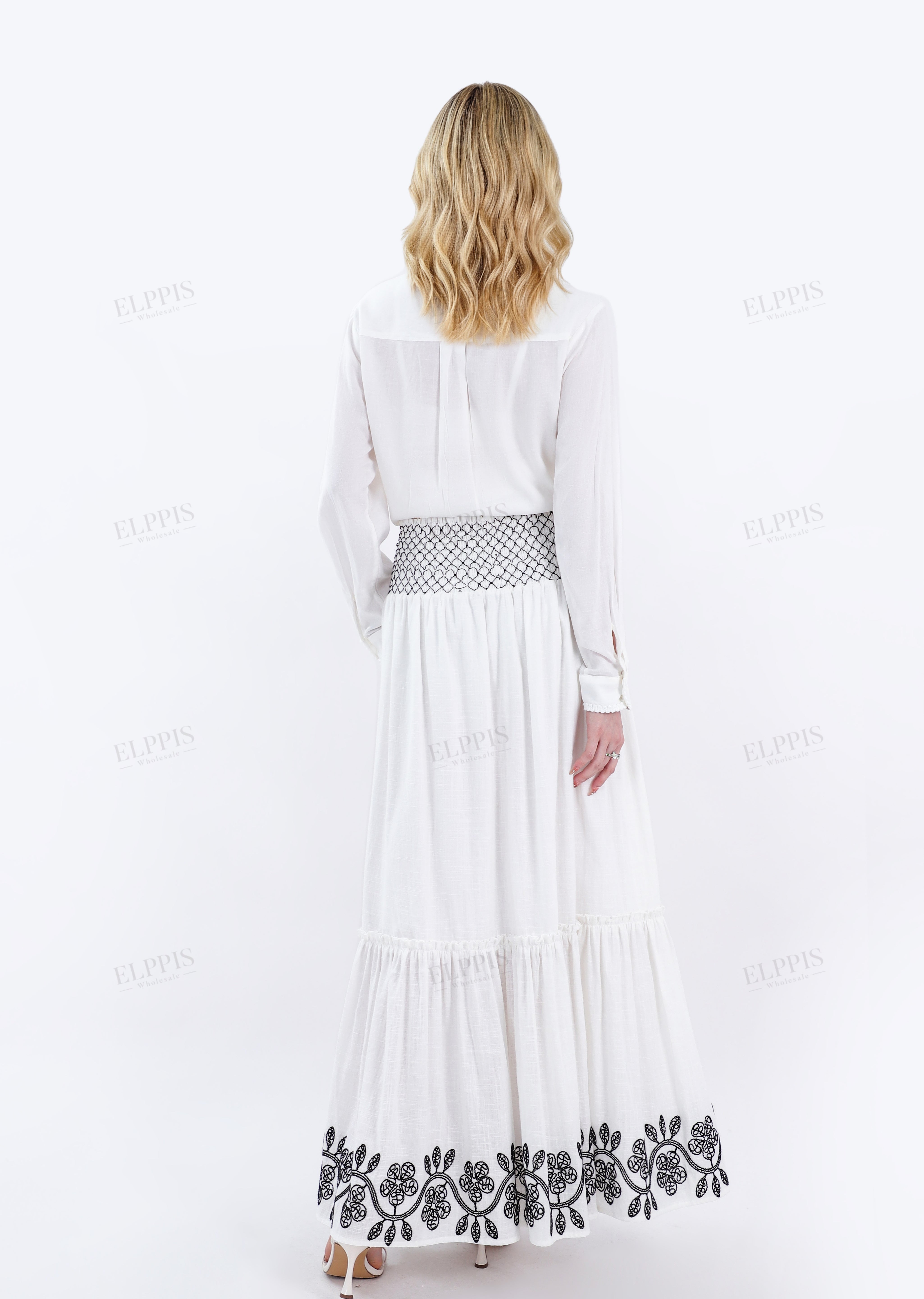 White Maxi Skirt with Black Geometric & Floral Embroidery