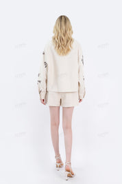 Beige Linen-Cotton Floral Embroidered Oversized Shirt Jacket