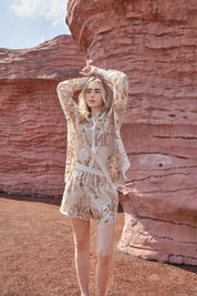 Linen Blend Floral Embroidered Elastic Waist Shorts
