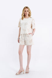 Beige Linen-Blend Short-Sleeve Top with Paisley Cutouts