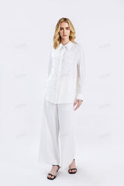 White Sheer Long-Sleeve Shirt with Embroidered Pocket