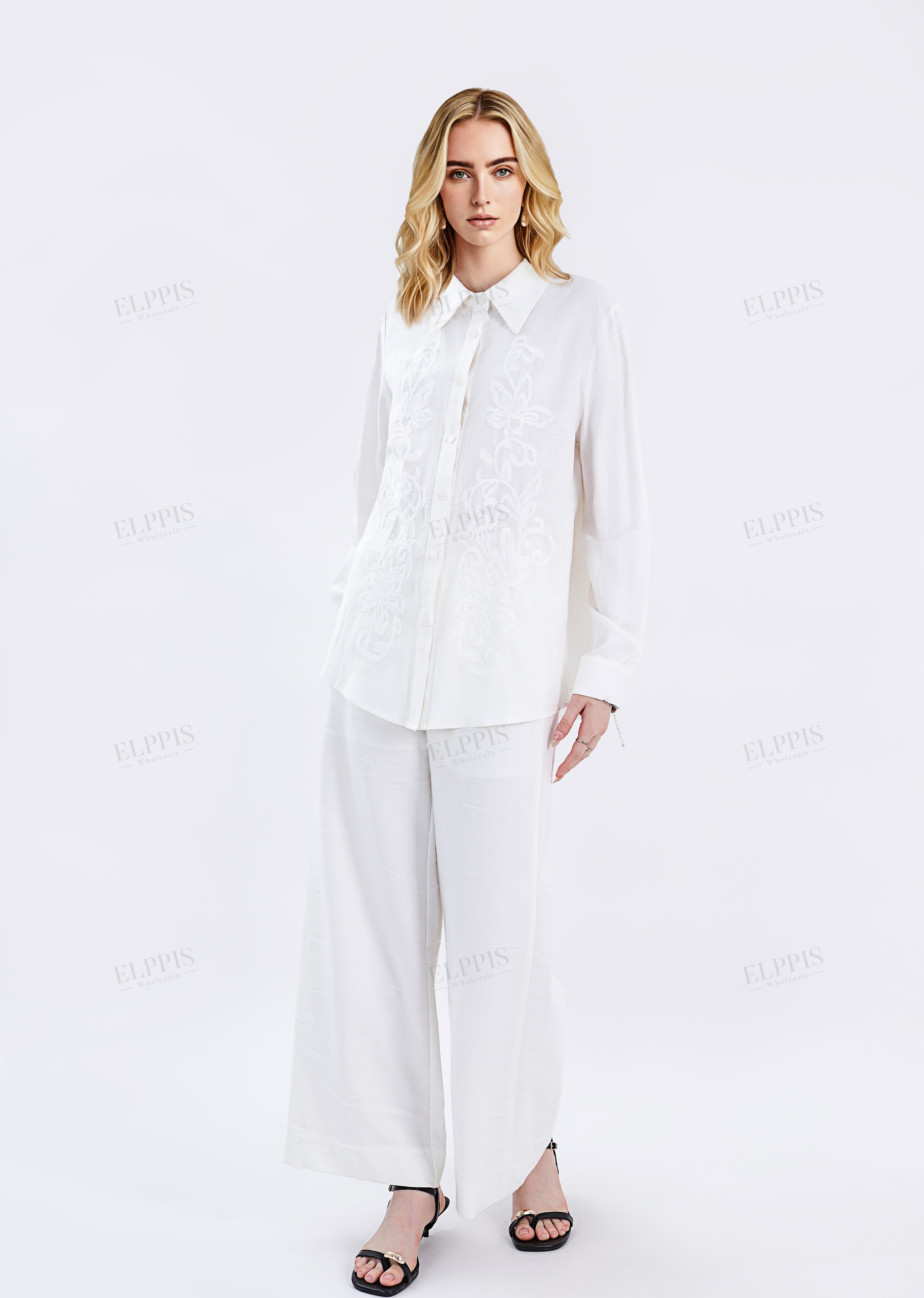 White Sheer Long-Sleeve Shirt with Embroidered Pocket